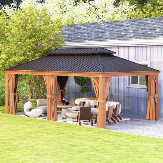 Aoxun 12' x 20' Permanent Gazebo, Wooden Finish Coated Aluminum Frame Canopy with Dual-Layer Galvanized Steel Hardtop Top, Outdoor Metal Pavilion, for Deck, Patio and Backyard