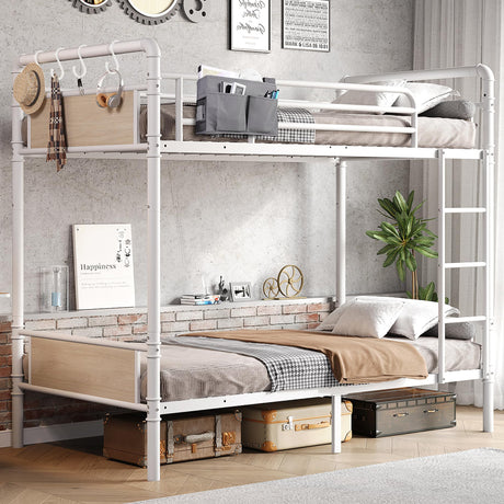 Jocoevol Metal Bunk Bed Twin Over Twin, Industrial Bunkbeds Heavy Duty Bed with Safety Guard Rails and Space-Saving Design, Steel Bed for School, Bedroom (White) Jocoevol