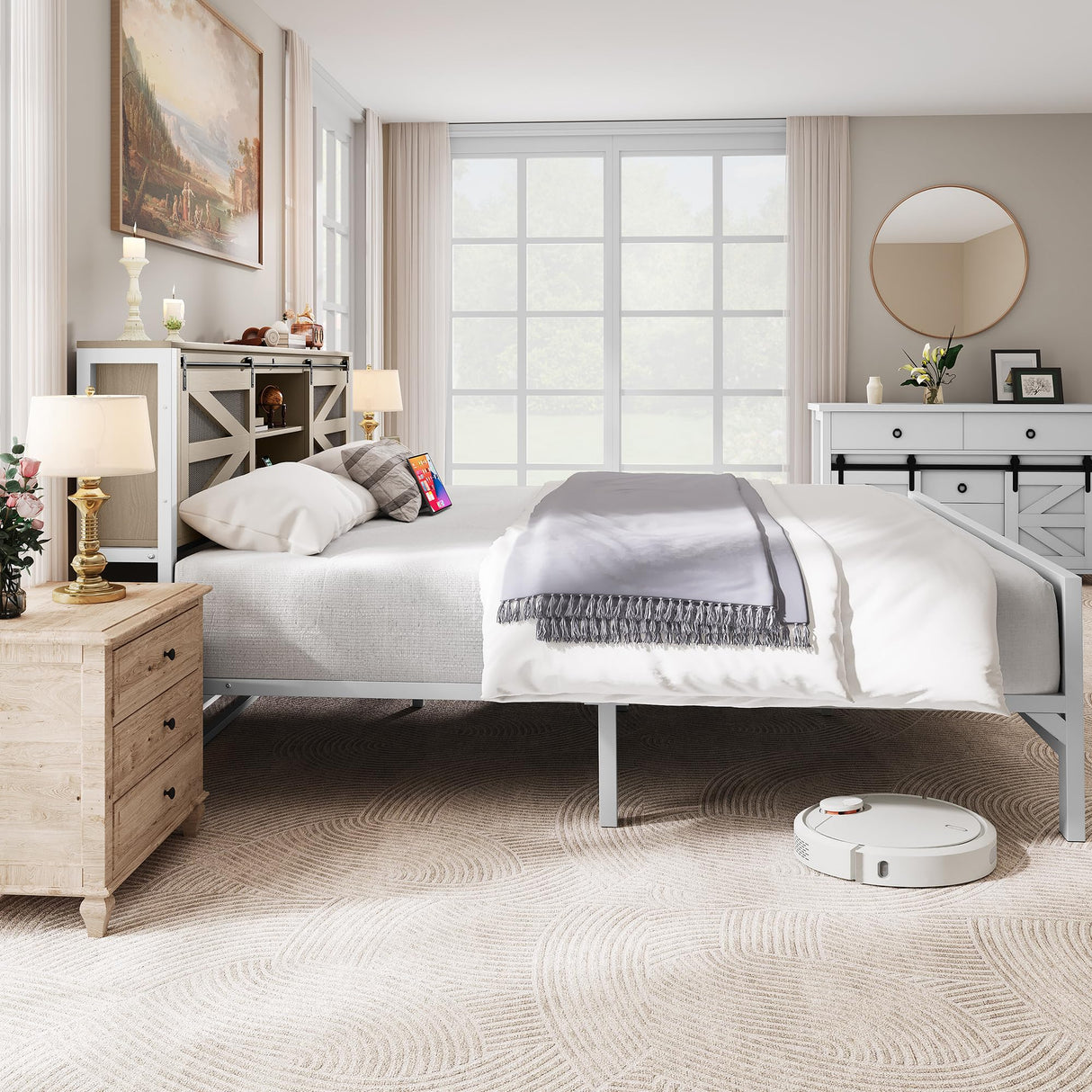 YITAHOME Farmhouse King Size Bed Frame with Headboard, Bookcase Storage Shelves, Sliding Grid Barn Door, Charging Station, Rustic Wood Platform Bed, No Box Spring Needed, Oak YITAHOME