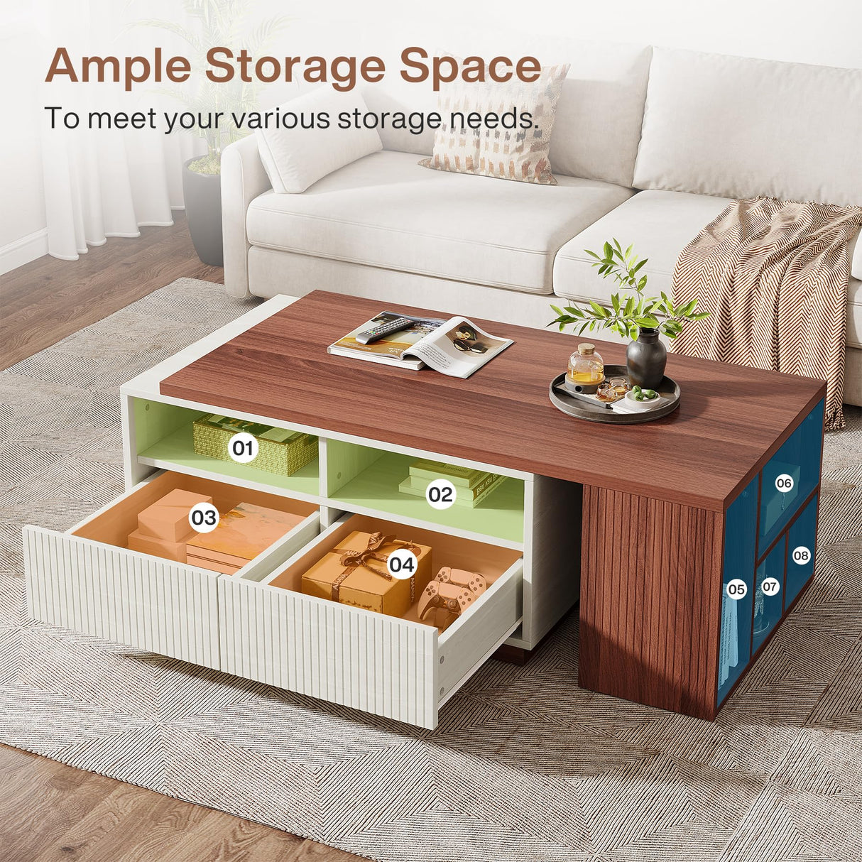 Tribesigns Extendable Coffee Table with 2 Storage Drawers, Reversible Living Room Table with Shelves and Adjustable Top, Large Center Table for Living Room, White/Walnut (43" to 75" Adjustable Length) Tribesigns