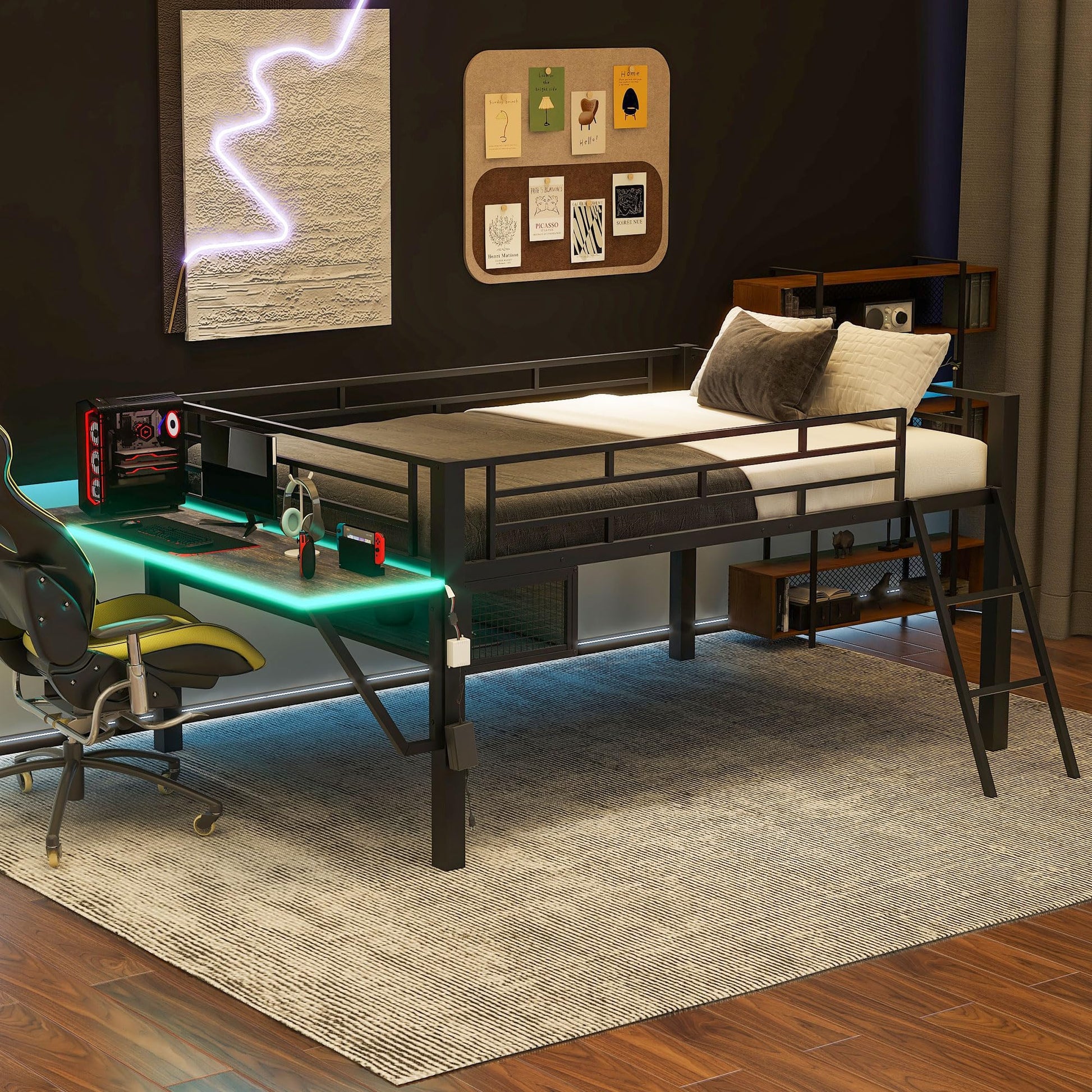 Full Size Black Gaming Mid Loft Bed with Integrated Desk, LED Lights, and Vented Storage - WoodArtSupply