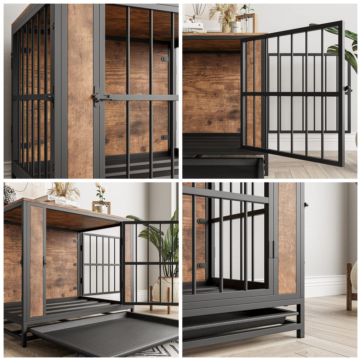 FOUBAM Dog Crate Furniture, Metal and Wooden Dog Crate, Dog Kennels with 3 Doors Indoor, Pet Puppy Crate End Table for Small Dog, Heavy Duty Dog House, Rustic Black and Brown FOUBAM