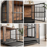 FOUBAM Dog Crate Furniture, Metal and Wooden Dog Crate, Dog Kennels with 3 Doors Indoor, Pet Puppy Crate End Table for Small Dog, Heavy Duty Dog House, Rustic Black and Brown FOUBAM
