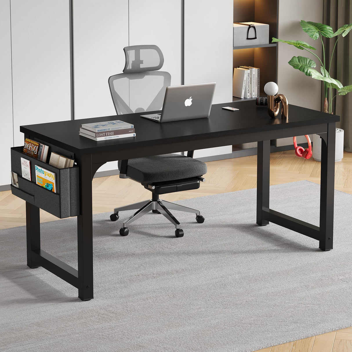 SURMIO Large Computer Desk - 63 Inch Home Office Desk Study Student Writing Table Gaming Desk Wood Modern Simple Table with Storage Bag & Headphone Hooks, Black SURMIO