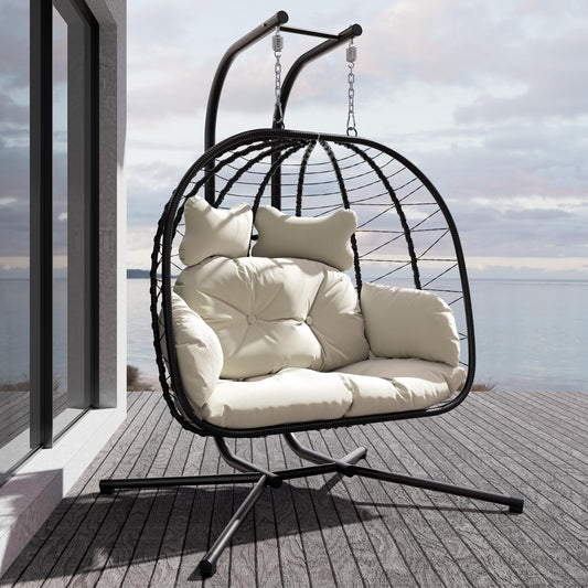 Esmlada Double Indoor/Outdoor Wicker Swing Egg Chair Hammock Foldable Hanging Loveseat with Stand, UV Resistant Removable Cushions, 700LB Capacity for Bedroom, Balcony, Garden (Black and Beige)