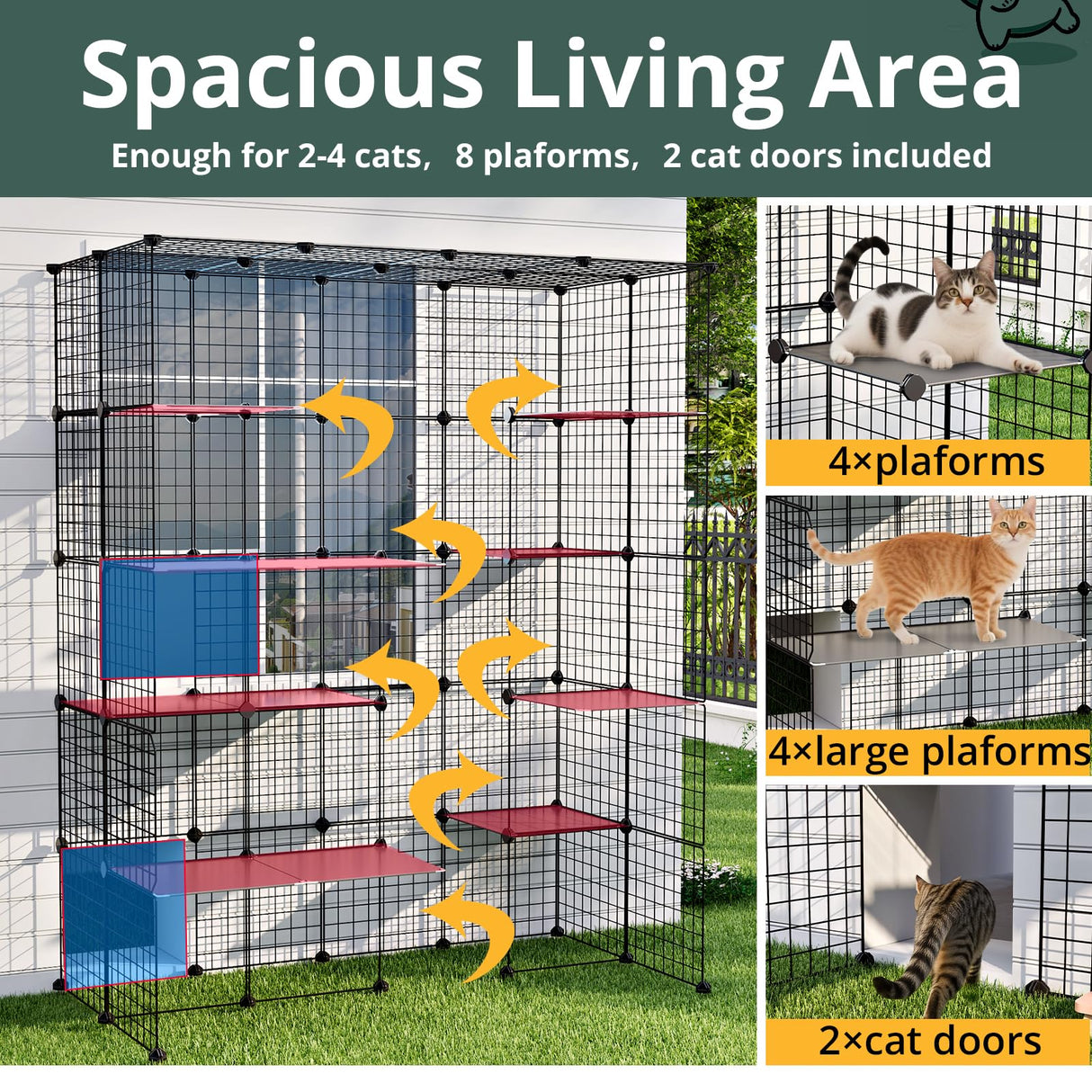 Oneluck Large Outdoor Cat House Catio Enclosure, DIY Cage Kennels Crate Spacious Exercise Place Ideal for 1-6 Cats, 55.1" L x 28.7" W x 69.8" H Balcony Playpen with 16 Platforms Super Large Door Oneluck