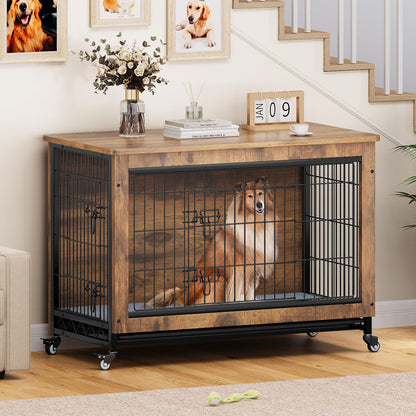 YITAHOME Dog Kennel Furniture with Wheels, Wooden Dog Crate Furniture with Cushion, Dog Crate End Table with Tray, 38" Dog Cage with Double Doors for Small/Medium Dog (Rustic Brown)