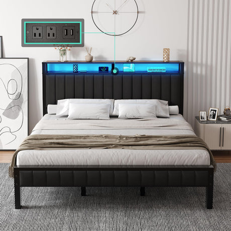 LUXOAK Rustic Brown King Size Metal Bed Frame with LED Light and PU Leather Headboard, Charging Station & 2-Tier Storage LUXOAK