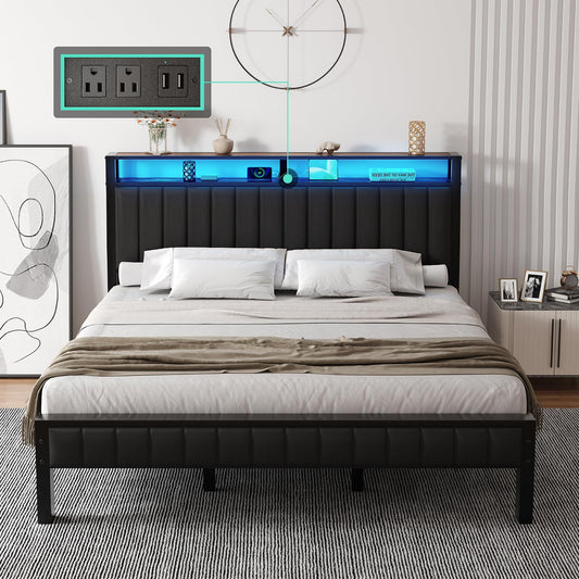 LUXOAK Rustic Brown King Size Metal Bed Frame with LED Light and PU Leather Headboard, Charging Station & 2-Tier Storage - WoodArtSupply