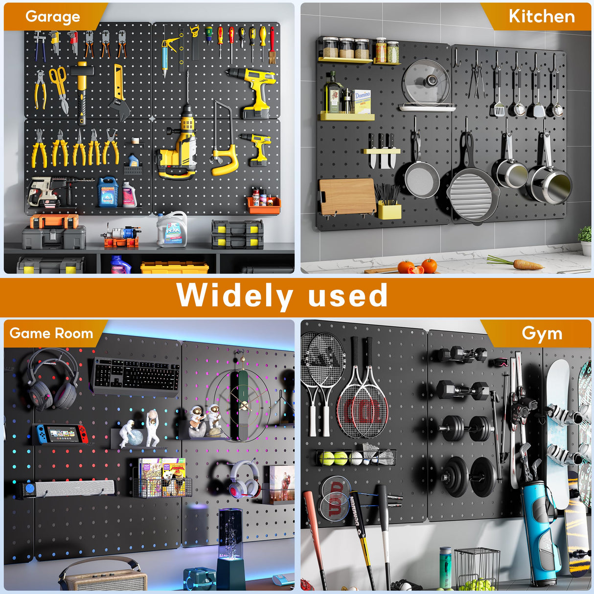 Hogurity Peg Board, 110pcs Metal Pegboard Kit, Includes 4 Pack Black Peg Board Panels with Accessories and Hook Locks, Large Heavy Duty Peg Boards for Walls Home, Garage Tool Storage, Workbench Hogurity