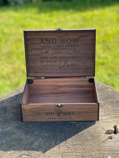 Custom Personalized Wooden Keepsake box - Wedding Card box, Anniversary, Engagement Gift for Couple, Bride, Groom, Wood Memory gift box (Walnut)