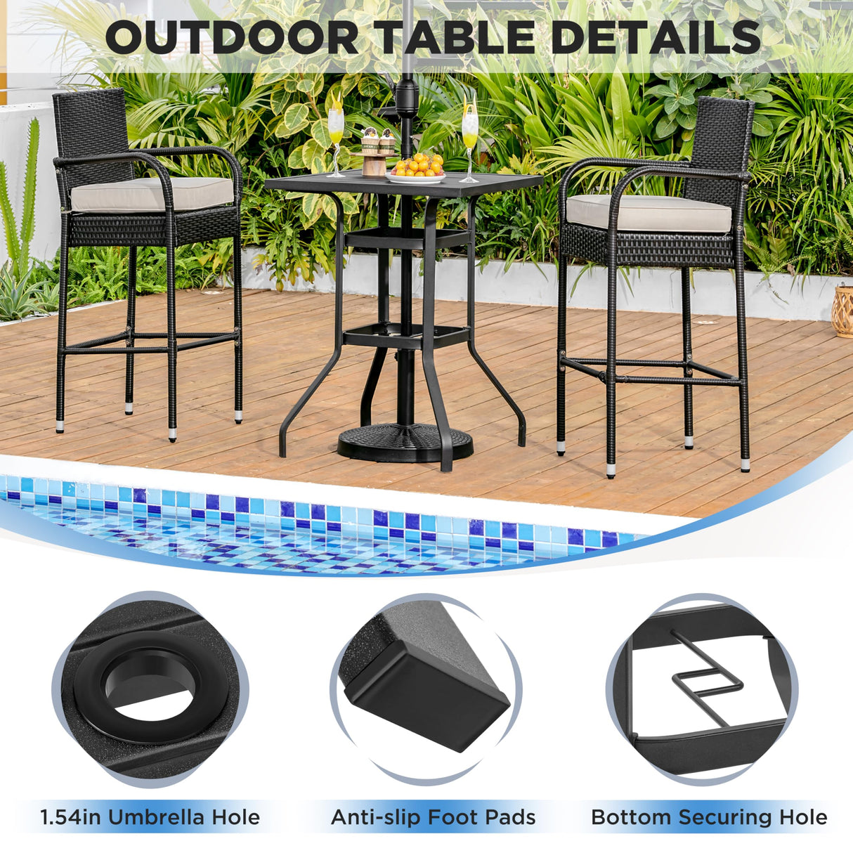 Yaheetech Outdoor Height Bar Table, Square Patio Bistro Table with Umbrella Hole and Slatted Metal Tabletop, Outside Furniture for Garden Lawn Poolside, Black Yaheetech