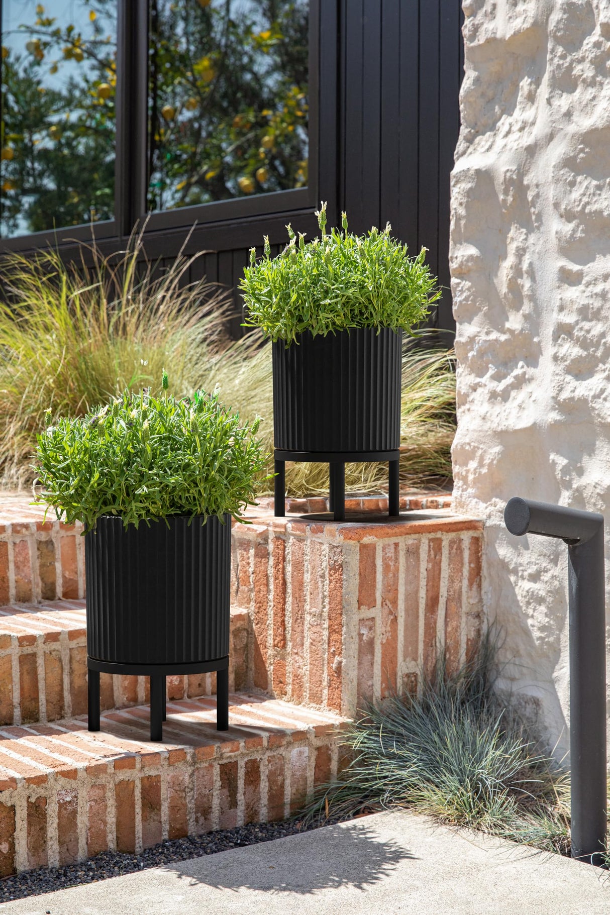 Veradek Demi Series Round Planter w/ Stand for Porch/Patio | Durable Plastic-Concrete & Wooden Stand | Modern Décor for Tall Plants, Flowers Veradek