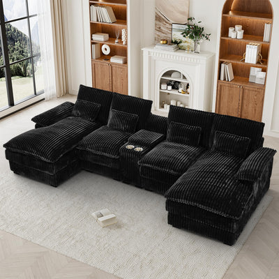 HYJT-H&K 124" U Shaped Cloud Couch Sectional, Comfy Fluffy Plush Corduroy Black Sectional Couches for Living Room, Modern Modular Corduroy Couch Sectionals with Central Console & Double Chaise Lounge