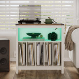 ChooChoo Large Record Player Stand with Charging Station & LED Light, Vinyl Record Holder hold up to 300 Albums, Farmhouse End Table for Bedroom, Living Room, Soft White ChooChoo
