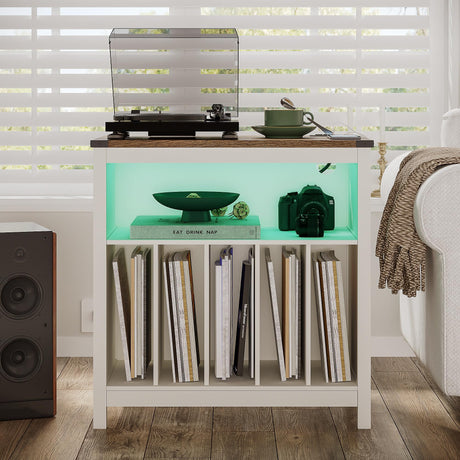 ChooChoo Large Record Player Stand with Charging Station & LED Light, Vinyl Record Holder hold up to 300 Albums, Farmhouse End Table for Bedroom, Living Room, Soft White ChooChoo