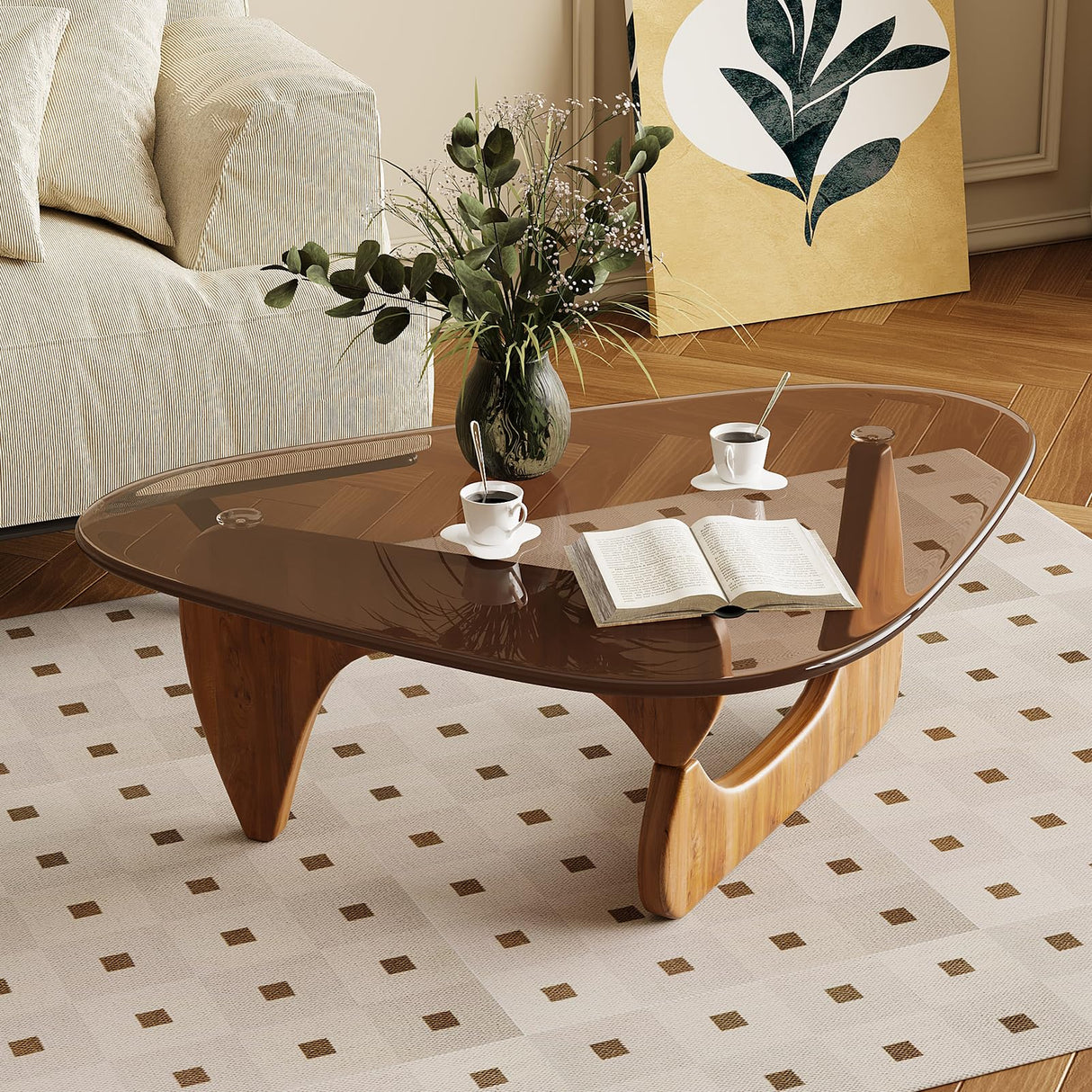 JCAJCA Coffee Table for Living Room Mid Century Modern Center Table with Glass Top and Wood, Brown/Walnut JCAJCA