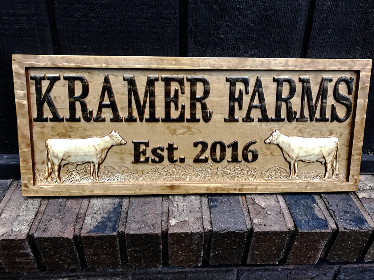 Personalized Farm Sign | Custom Farmhouse Decor | Wooden Farmer Gift | Wood Wall Family Name Sign | Established Cow Sign | Carved Farmhouse Sign | Cattle Decor | Outdoor Farm Sign 3D Woodworker
