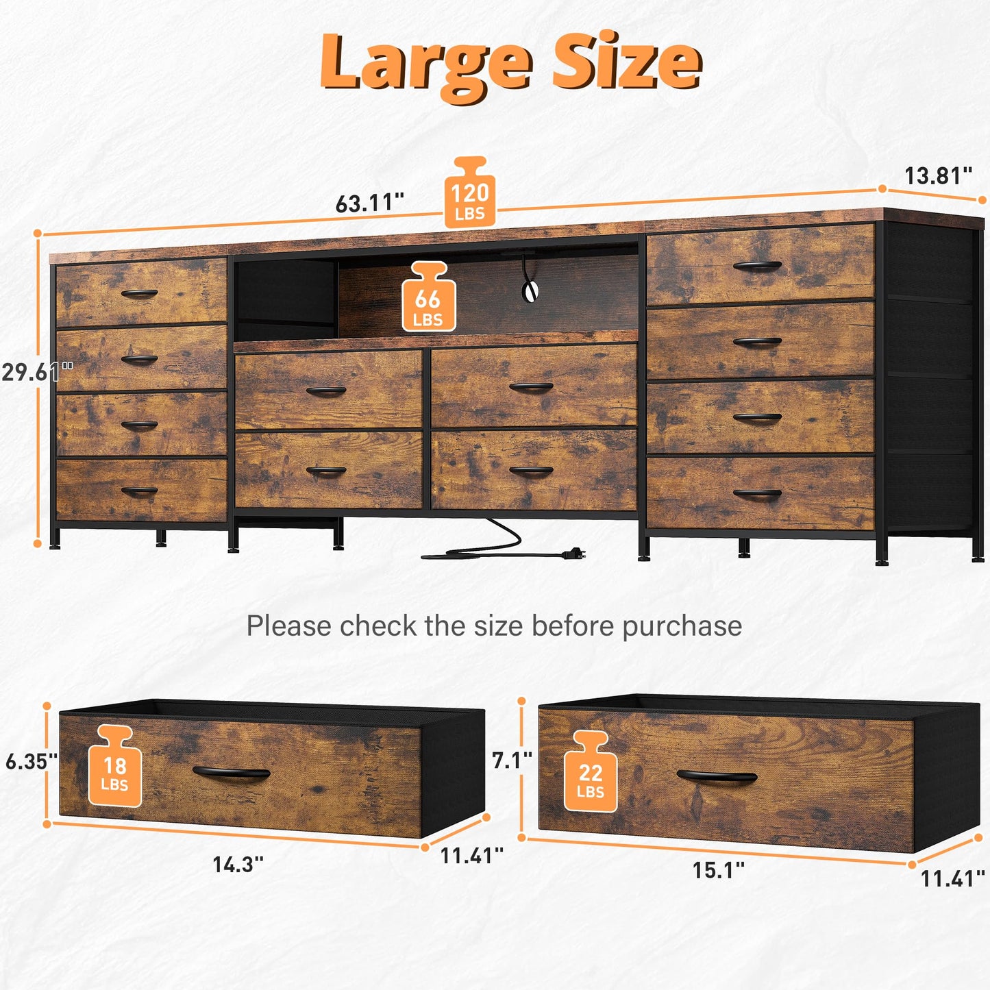 EnHomee 12 Drawer Dresser TV Stand for 65 70 75 Inch TV 63" W Extra Long Dresser for Bedroom with LED Lights & Power Outlets Entertainment Center with Fabric Drawers for Closet Rustic Brown