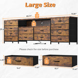 EnHomee 12 Drawer Dresser TV Stand for 65 70 75 Inch TV 63" W Extra Long Dresser for Bedroom with LED Lights & Power Outlets Entertainment Center with Fabric Drawers for Closet Rustic Brown EnHomee