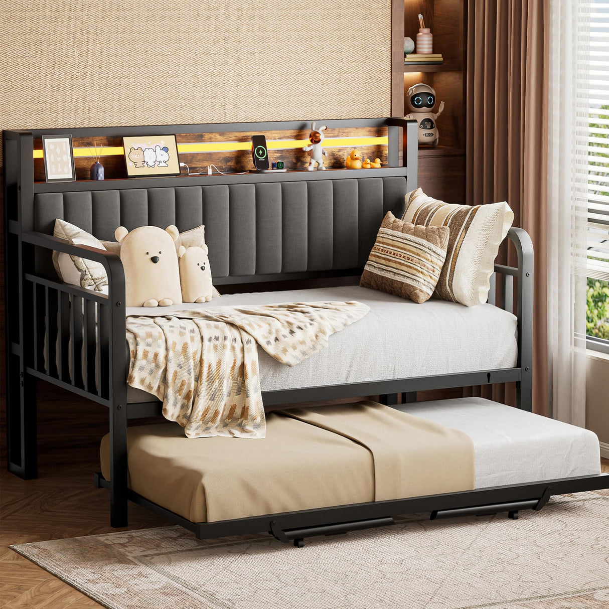Daybed with Trundle and LED Light, Heavy Duty Metal Twin Bed Frame with Upholstered Storage Headboard & Charging Station, Day Bed Pop Up Trundle Bed Twin for Living Room,Bedroom and Guest Room, Brown Jocoevol
