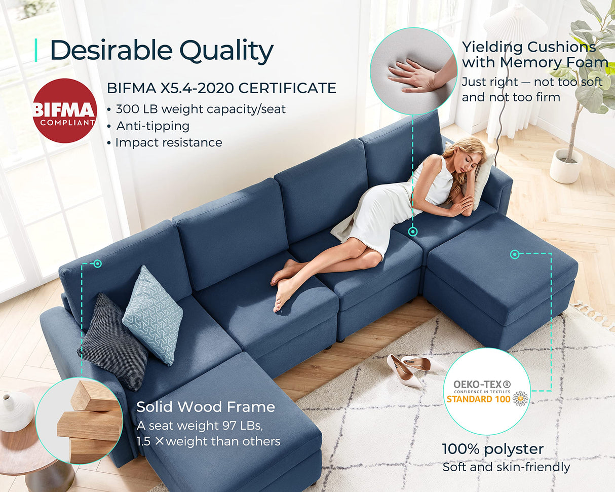 LINSY HOME Modular Sectional Sofa, Convertible U Shaped Sofa Couch with Storage, Memory Foam, Modular Sectionals with Ottomans, 6 Seat Sofa Couch with Chaise for Living Room, Blue LINSY HOME