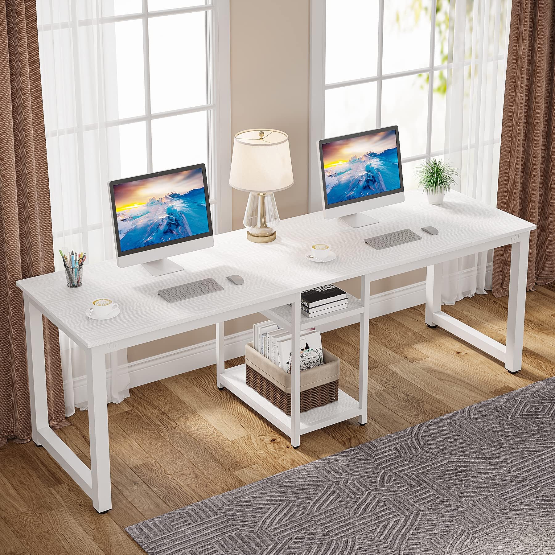 Tribesigns 78 Inches Computer Desk, Extra Large Two Person Office Desk with Shelf, Double Workstation Desk for Home Office(White) - WoodArtSupply