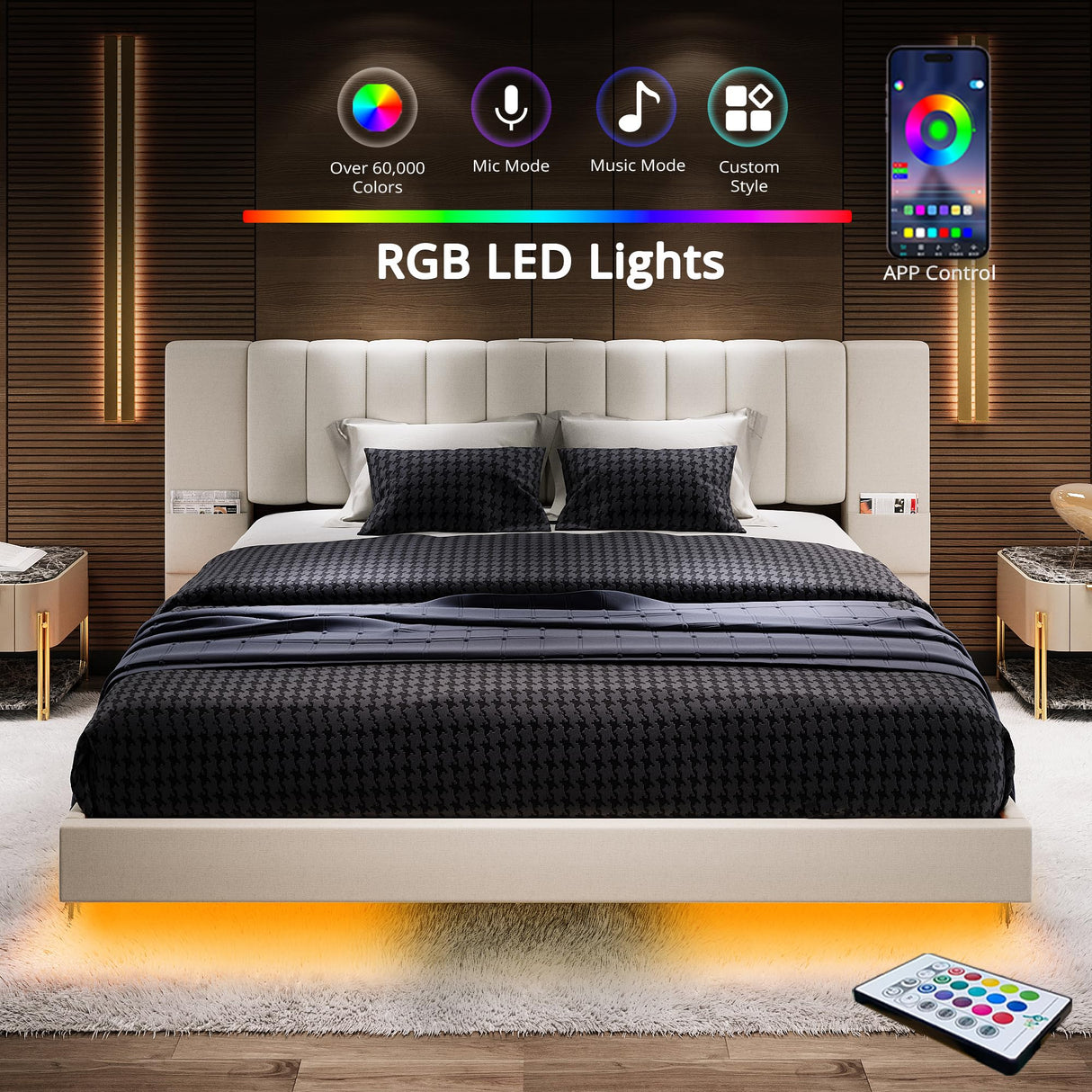 LIKIMIO Floating Bed Frame King Size with Wide Padded Headboard & LED Lights & Charging Station, Modern King Upholstered Platform, No Box Spring Needed, Beige LIKIMIO