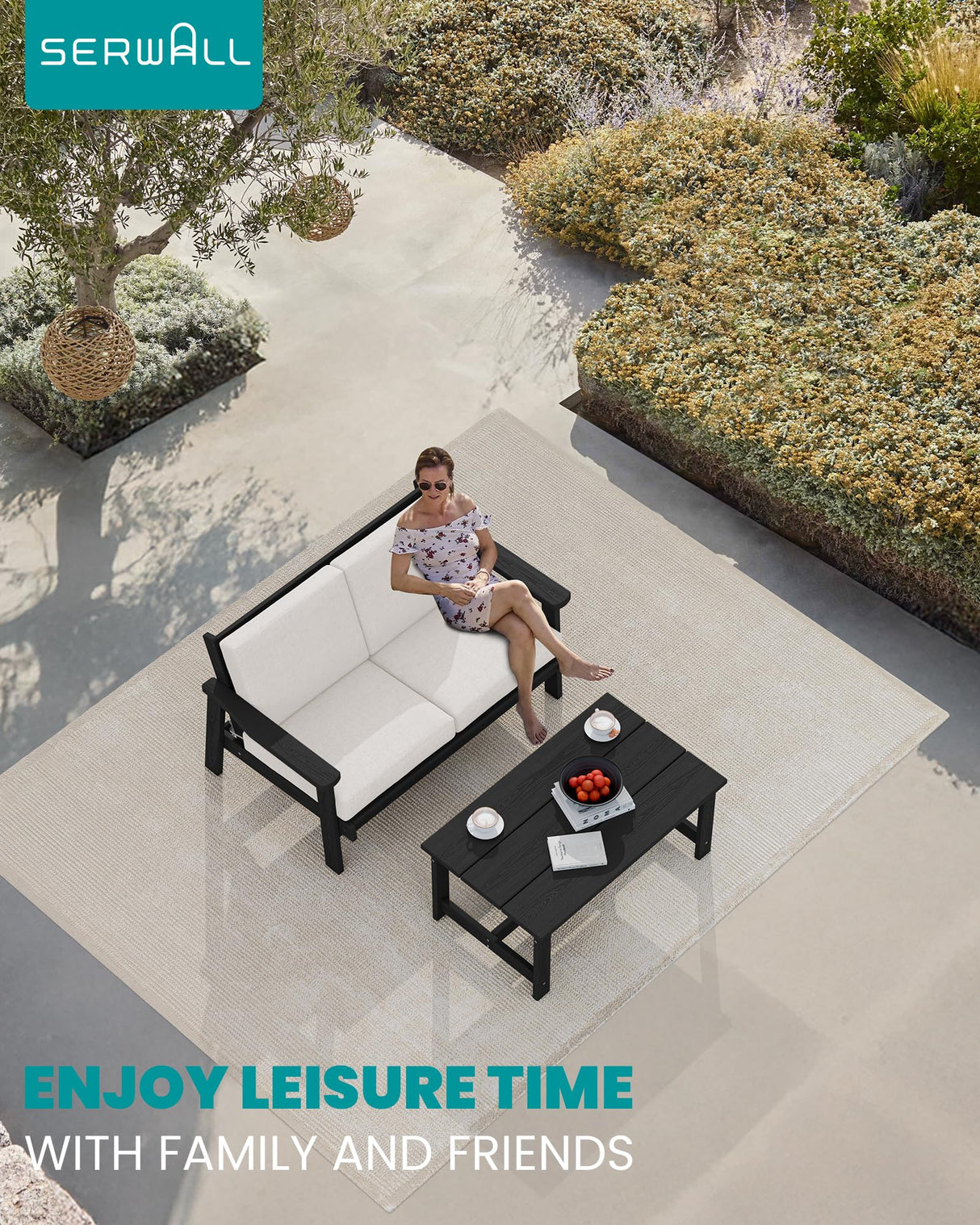 SERWALL HDPE Outdoor Patio Loveseat, Black Frame and Khaki Cushion SERWALL