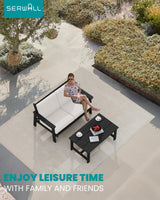 SERWALL HDPE Outdoor Patio Loveseat, Black Frame and Khaki Cushion SERWALL