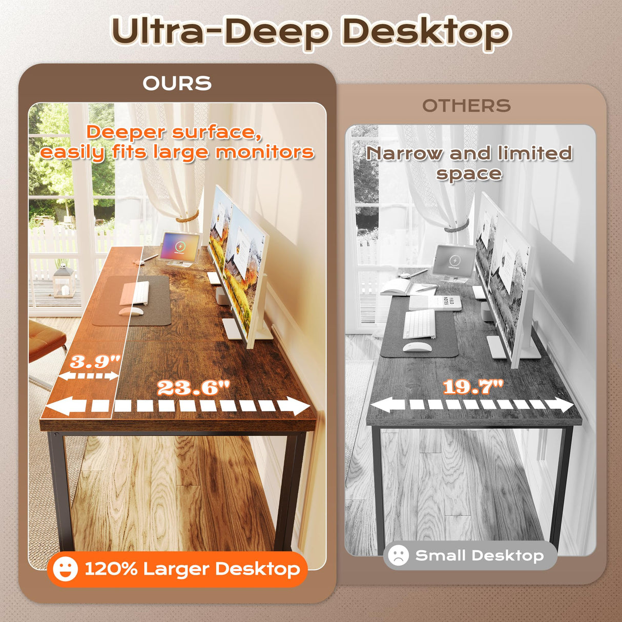 Huuger 63 x 24 inch Desk with Power Outlets & USB-C, Deeper & Thicker Desktop, Robust Metal Tubes, Computer Desk, Heavy Duty Office Desk, Work Gaming Desk, for Home Office, Rustic Brown Huuger