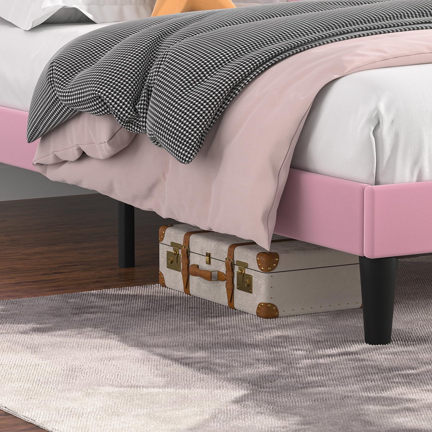 VECELO Full Size Bed Frame with Upholstered Headboard, Velvet Platform Bedframe Mattress Foundation, Strong Wood Slat Support, No Box Spring Needed, Pink