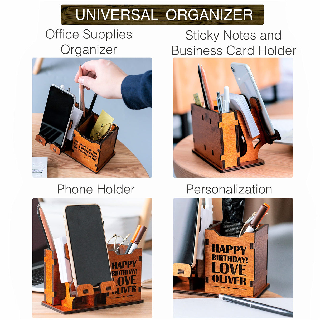 Personalized Wooden Pen Holder for Desk with Cell Phone Holder Wood Desk Organizer Pencil Holder Coworker Gifts Boss Leader Colleague Friends Office Organization Employee Appreciation Gifts Woodland