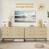 Brafab Natural Rattan 6 Drawer Double Dresser for Bedroom, Industrial Wood Clothing Organizer Boho Dresser, Wide Storage Chest of Drawers Dresser with Sturdy Steel Legs for Living Room, Hallway Brafab