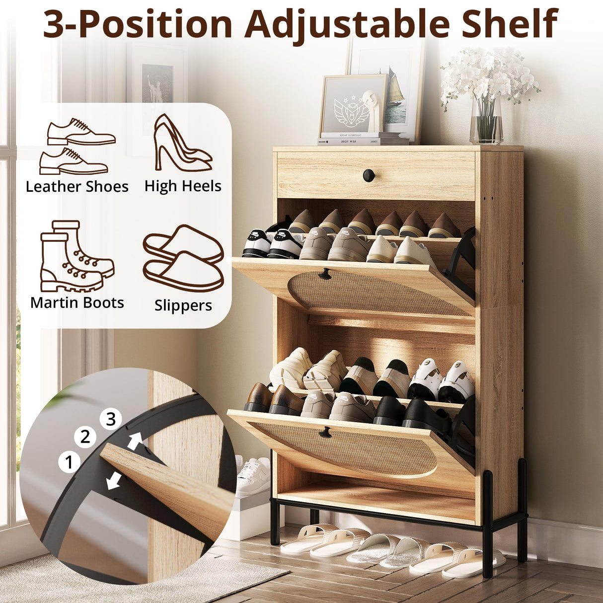 IRONCK Shoe Cabinet with 2 Flip Drawers, Shoe Storage Cabinet for Entryway, Free Standing Shoe Storage Organizer with Rattan Doors Slim Narrow Shoe Rack Cabinet, Oak IRONCK