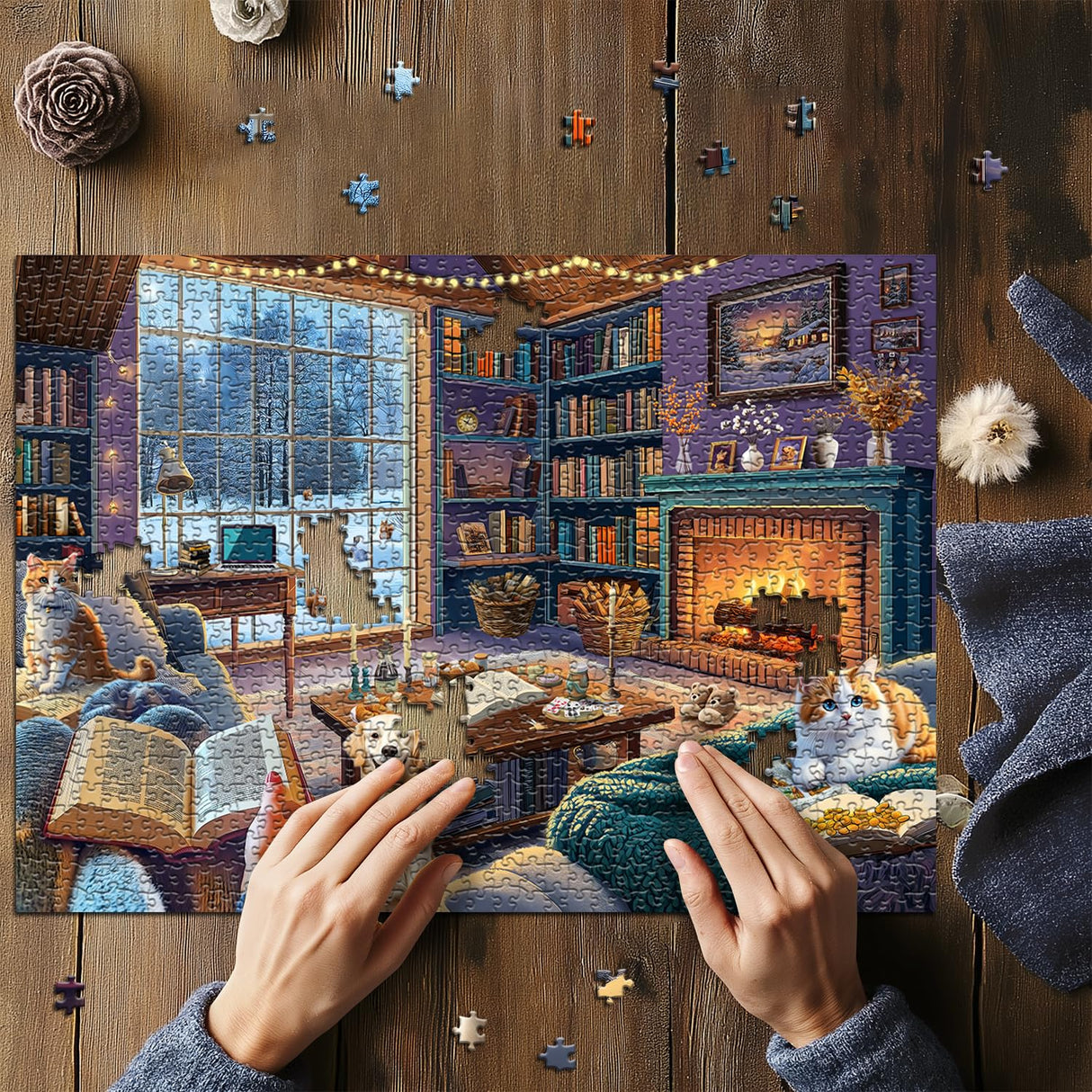 Winter Puzzles for Adults 1000 Piece, Cozy Cabin Puzzle Dog Cat Book Jigsaw Puzzle, Winter Cabin Puzzle Kittens PICKFORU