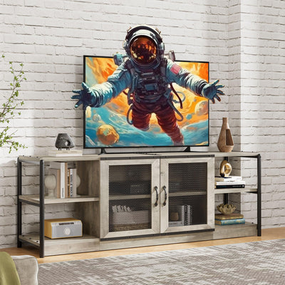 Amyove Farmhouse TV Stand for 75/80 inches TVs, Industrial Entertainment Center with Double Mesh Doors and Storage Cabinet, Rustic TV Cabinet TV Media Console Table for Living Room, Grey