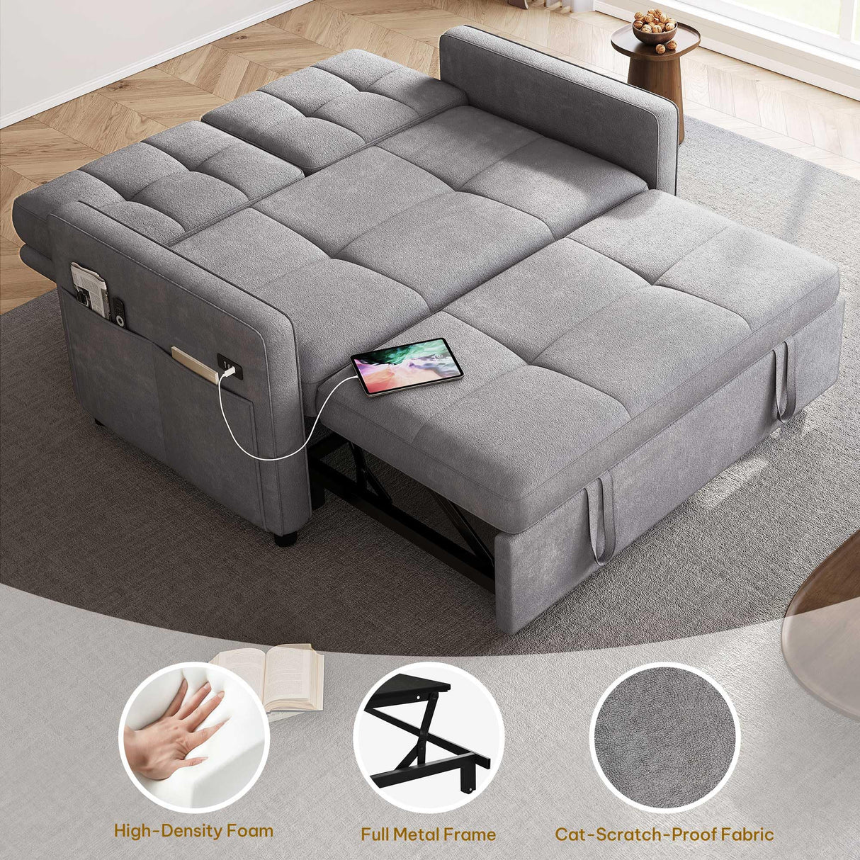 YITAHOME 55" Convertible Sofa Bed, 3-in-1 Sleeper Sofa with Pull-Out Bed, Cat-Scratch-Proof Futon Couch with 5-Levels Reclining Backrest, USB and Side Pocket, Modern Loveseat for Living Room, Grey YITAHOME