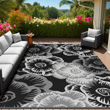 MontVoo Outdoor Rug-Waterproof Patio Rug Mat 5x8 ft Outdoor Carpet Mat Reversible Plastic Straw Outside Outdoor Rug for RV Camping Picnic Beach Balcony Backyard Pool Deck Porch Farmhouse Floral Black MontVoo