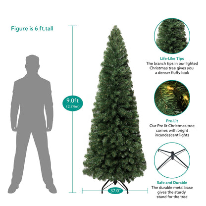 Vienna 9ft Prelit Slim Artificial Christmas Tree with 1455 Branch Tips, 500 Warm Lights and Metal Stand, 37" Wide Realistic Skinny Pencil Christmas Tree with Lights by Naomi Home