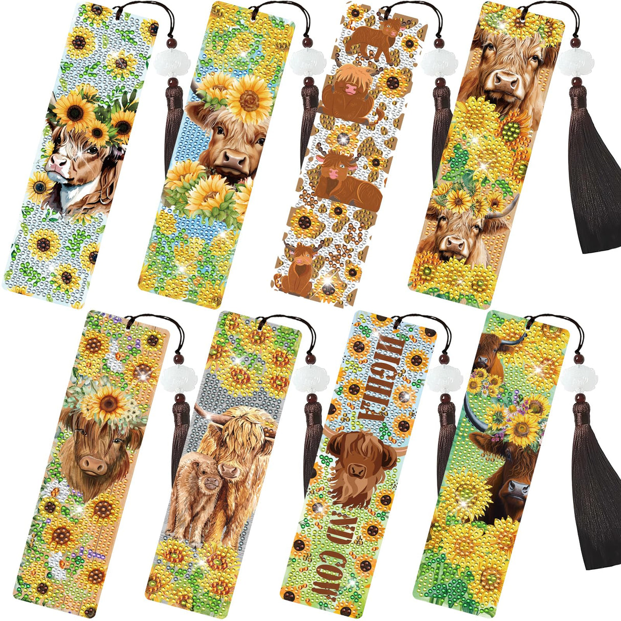 INCOK Diamond Painting Bookmarks Set - 8PCS Highland Cow 5D Diamond Art Bookmarks Kit with Tassel Sunflower Bookmarks Set for Highland Cow Lover Office Useful Project DIY Crafts Gifts Teacher INCOK