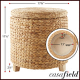 Casafield 17" Round Storage Ottoman with Lid - Natural, Handwoven Water Hyacinth Footstool for Living Room, Bedroom, Bathroom, Home Office Casafield