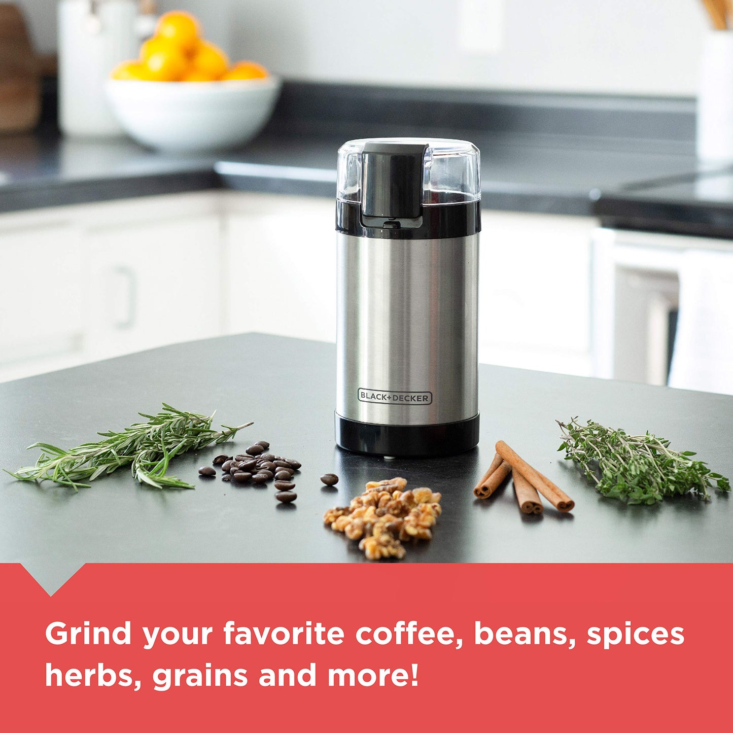 BLACK+DECKER One Touch Coffee Grinder, 2/3 Cup Coffee Bean Capacity, Spice Grinder, One Touch Push-Button Control -150 Watts -Stainless Steel Blades