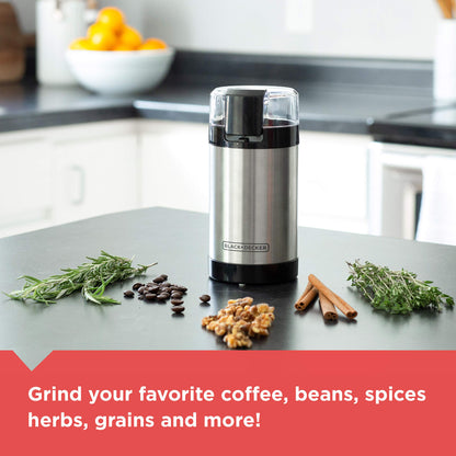 BLACK+DECKER One Touch Coffee Grinder, 2/3 Cup Coffee Bean Capacity, Spice Grinder, One Touch Push-Button Control -150 Watts -Stainless Steel Blades