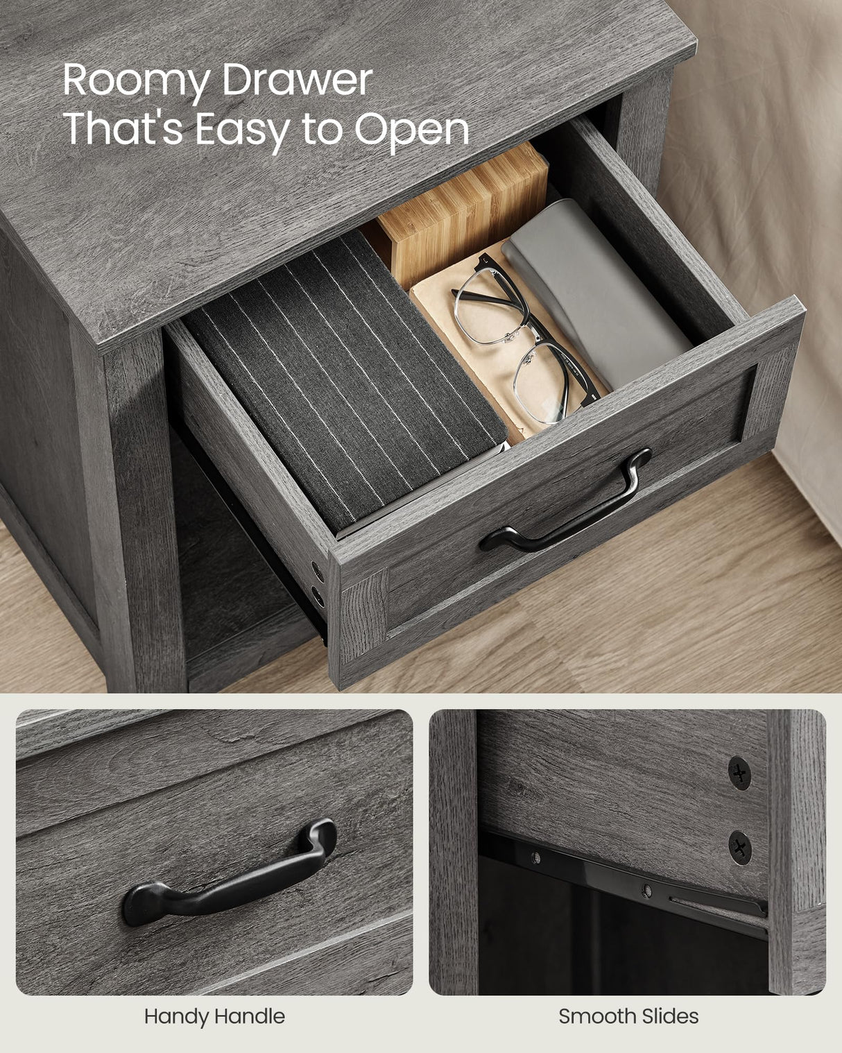 VASAGLE LIRY Collection - Farmhouse Nightstands with Charging Station, Set of 2 Bedside Tables, Side Tables with Drawer, Open Compartment, for Bedroom, Misty Gray ULET859G01 VASAGLE