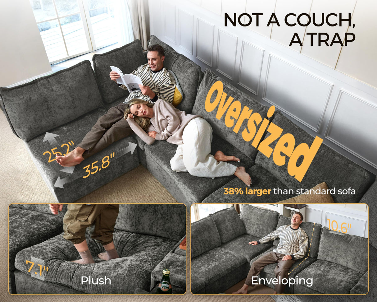 Bedeep Oversized Modular Home Theater Sofa Bed Cloud Couch Sectional, Plush Sleeper Sofa with Versatile Console, Convertible Side Table Charging Storage Cup Holder, Hardware Connected, Chenille, Grey Bedeep