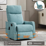 Massage Rocker Swivel Recliner Chair for Adults, Manual Recliner Glider with Lumbar Heating, Technical Flannel Fabric Nursery Glider Rocking Chair with Vibration Massage for Living Room - Green Blue EZZUP