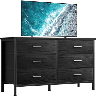 BOLUO Wide Black Dresser for Bedroom 6 Drawer, Dresser TV Stand for 60" TV Dressers & Chests of Drawers Fabric for Closet Modern