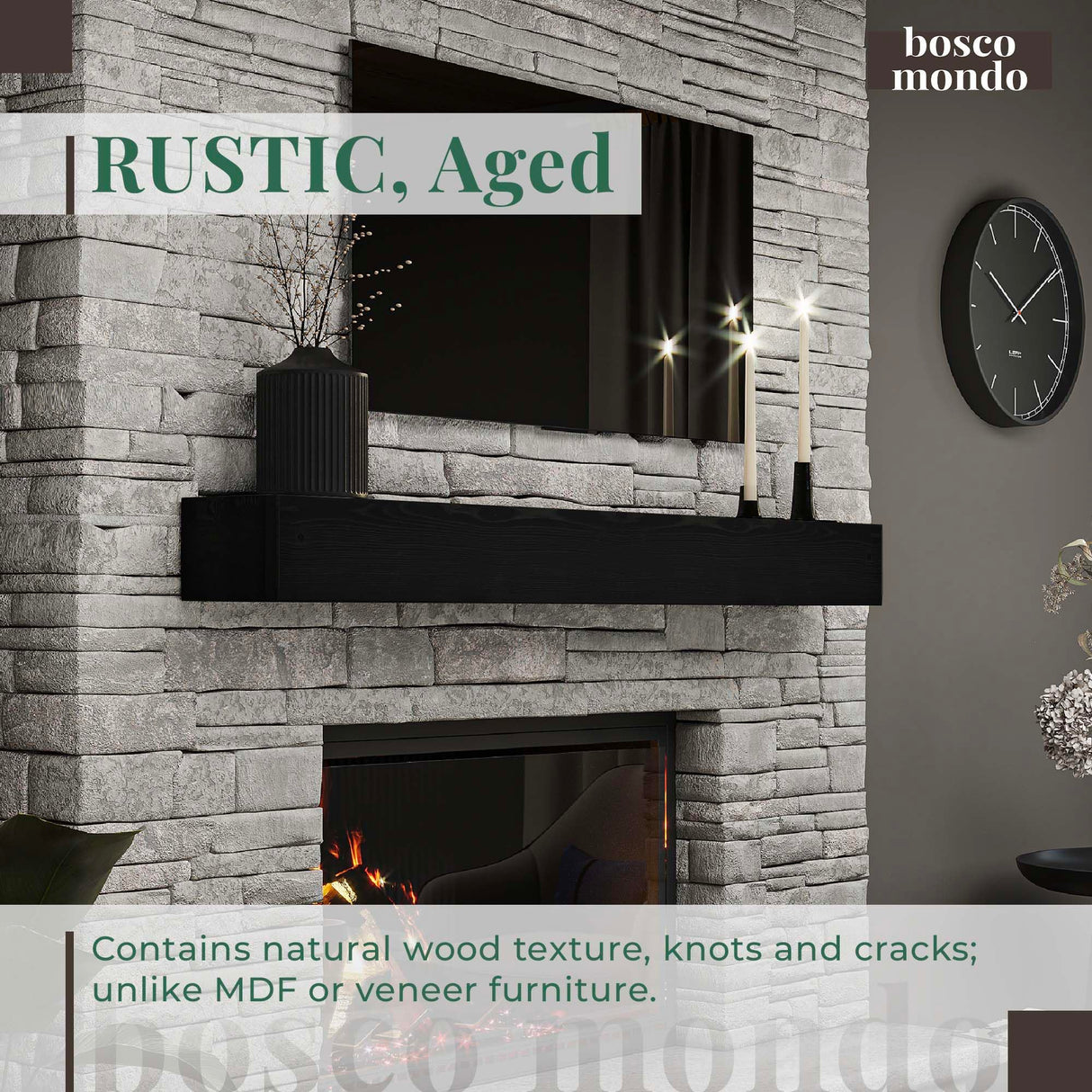 BoscoMondo Fireplace Mantel, Handcrafted Rustic from Solid Pine, Wall-Mounted Floating Farmhouse Shelf - 8x6x60 Deep Black BoscoMondo