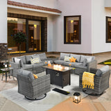 ovios 11 Piece Outdoor Patio Furniture Set with Fire Pit Table,Conversation Sectional Wicker Couch with Swivel Chairs,Modern Outside Sofa for Balcony Backyard, Dark Grey ovios